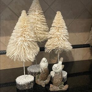 Set of 3 cream color bottle brush trees and set of 2 chirping sparrows, NWOT